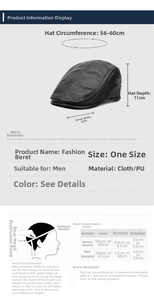 Detailed size chart for adjustable leather flat cap with 56-60cm head circumference guide