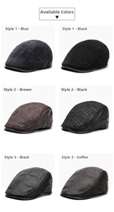 Multi-color men's flat caps in leather and wool textures with a sleek black brim