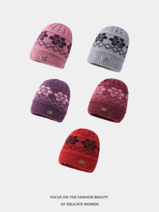 Detail of winter knitted beanies featuring floral jacquard patterns and fleece lining