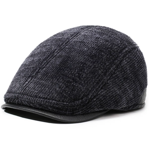 Dark grey corduroy newsboy cap with black leather brim for men in autumn and winter