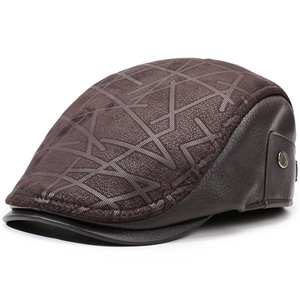 Close-up of leather and textured fabric patch on side with adjustable metal buckle