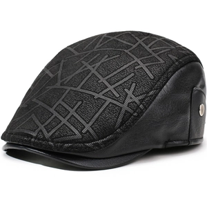 Men's black flat cap with geometric textured top and sleek leather side panels