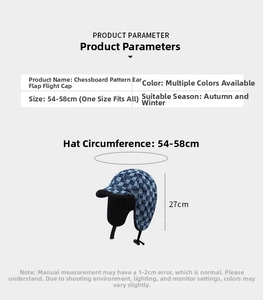 Size chart for checkerboard trapper hat with 54-58cm circumference and ear flap details