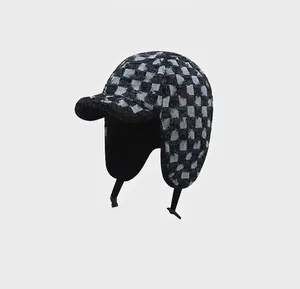Winter checkered aviator hat with plush lining and ear flaps for outdoor warmth