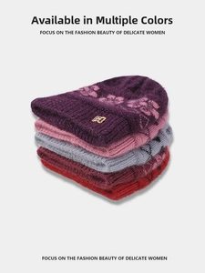 Close-up of winter knit hats with jacquard patterns and soft plush warm lining for women