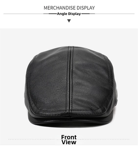 Front view of black leather duckbill cap with premium stitching and retro texture