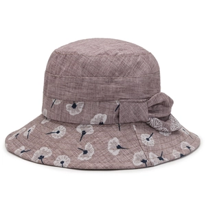 Faltbarer Damen Sonnenhut mit Blumendruck und Schleife in gedecktem Mauve-Violett