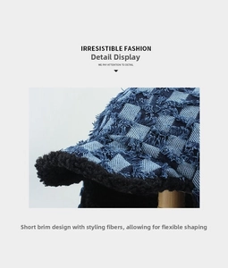 Detail view of checkered aviator hat with blue fringe fabric and warm fleece lining