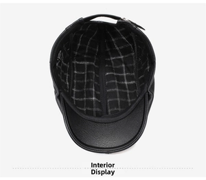 Detail view of cotton blend checkered lining and inner stitching of the leather cap