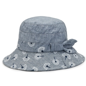 Blaugrauer Damen-Sonnenhut mit Blumenmuster, Schleife und breiter Krempe für optimalen Strandschutz