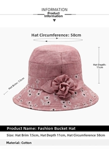 Pink cotton bucket hat dimensions showing 7.5cm brim and floral decoration detail