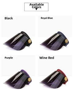 Détail de quatre visières de soleil colorées avec protection UV et bandeaux camouflage