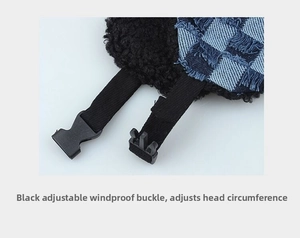 Detail of adjustable windproof buckle and checkered denim fabric on winter pilot hat
