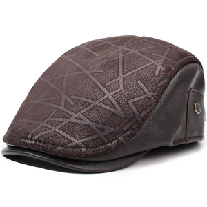 Men's dark brown faux leather ivy cap with geometric patterns and metal button detail