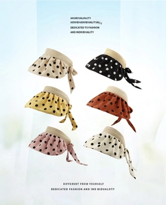 Detailed grid showing six colors of polka dot sun hats with straw bands and rear bows