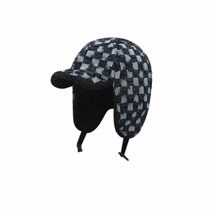 Winter checkered trapper hat with earflaps and adjustable chin strap in black and grey
