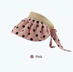 Pink polka dot sun visor with straw brim and decorative bow for women summer sun protection