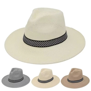Summer Wide Brim Fedora Sun Hat For Men Women Polyester Breathable Straw Style Panama Hat Outdoor Beach Protection Hat