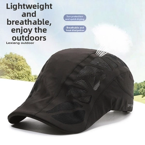 Detail of lightweight breathable mesh on a black sport cap for elderly men