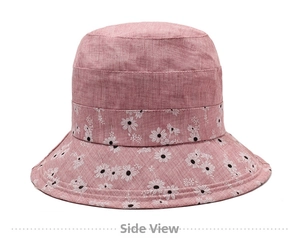 Detail view of pink cotton sun hat featuring floral daisy patterns on the brim