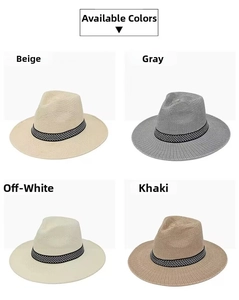 Detail of four summer straw hats in beige, grey, cream, and khaki with textured bands