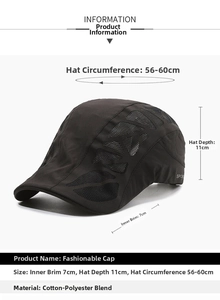 Detail view of black duckbill cap with mesh vents and specific size measurements