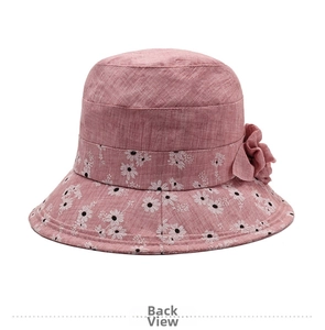 Detailed back view of pink floral sun hat with a decorative fabric flower on side