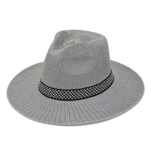 Grey breathable knit fedora hat with wide brim and decorative patterned band for men