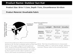 Tabella taglie per cappello da sole esterno con misure di tesa e circonferenza