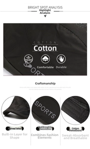 Detail of breathable cotton inner band and SPORTS embroidery on elderly men flat cap