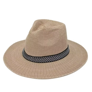 Breathable wide brim straw sun hat in khaki with black and white geometric pattern band