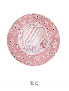 Lining display of pink sun hat featuring striped fabric and white chin strap detail