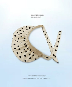 Detail view of foldable polka dot sun hat with straw brim and chic beige fabric finish