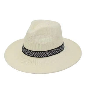 Men's breathable knit straw sun hat in cream white with a geometric pattern ribbon