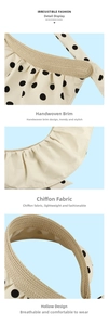Detail of polka dot sun visor with handmade straw brim and breathable chiffon fabric