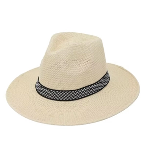 Classic cream woven fedora sun hat for men with breathable mesh and black decorative band