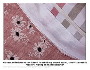 Detail of widening sweatband and fine stitching on the floral cotton sun hat