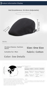 Detailed size chart for retro cotton newsboy cap showing measurements and head circumference