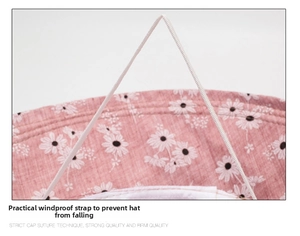 Detail of pink floral sun hat featuring an adjustable elastic windproof chin strap