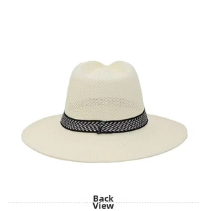 Detailed back view of a beige straw panama hat for men with a black woven decorative band