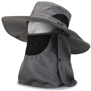 Cappello da sole grigio scuro con tesa larga e maschera per protezione UV e pesca