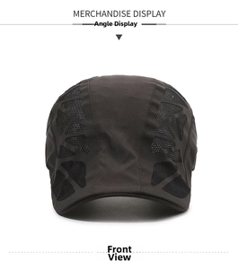 Front view of breathable mesh flat cap for elderly men in lightweight black quick-dry fabric