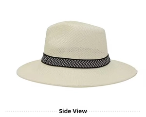 Close-up of beige summer sun hat with black and white herringbone woven band detail