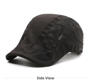 Detail view of black breathable mesh fabric and Sports embroidery on the flat cap
