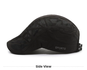 Detail view of breathable mesh fabric and gray sports lettering on black elderly flat cap