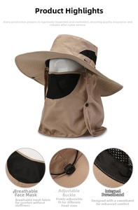 Dettaglio del cappello da sole kaki con maschera traspirante e coulisse regolabile