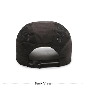 Rear view of breathable black mesh cap for elderly men with adjustable strap