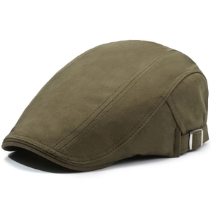 Classic British style olive green newsboy flat cap with side metal buckle adjustment