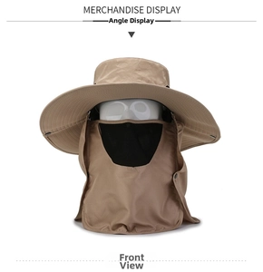 Vista frontale cappello parasole outdoor kaki con maschera rimovibile e protezione per il collo