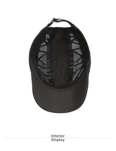 Interior view of black senior men cap showing breathable mesh fabric and adjustable strap